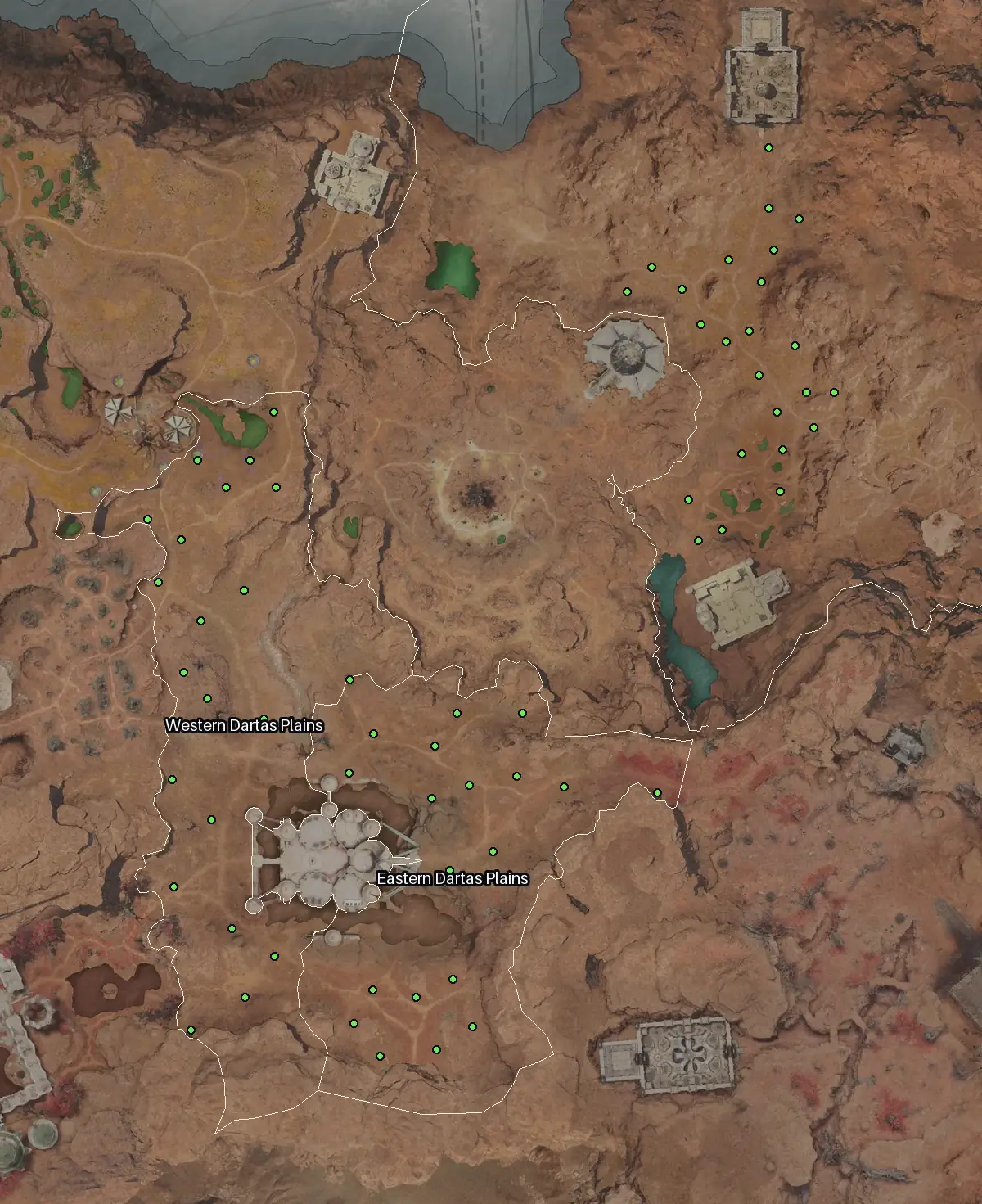 Map of Eltnen with every Targena node marked: Lankusis Highland, Western Dartas Plains, Eastern Dartas Plains.