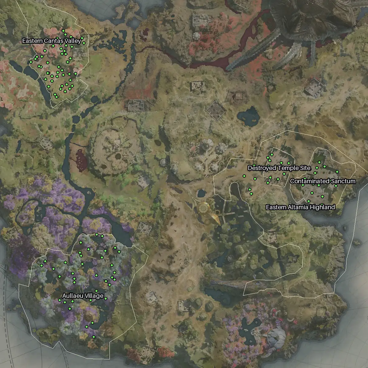 Map of Verteron with every Targena node marked: Eastern Cantas Valley, Aullaeu Village, Contaminated Sanctum, Destroyed Temple Site.