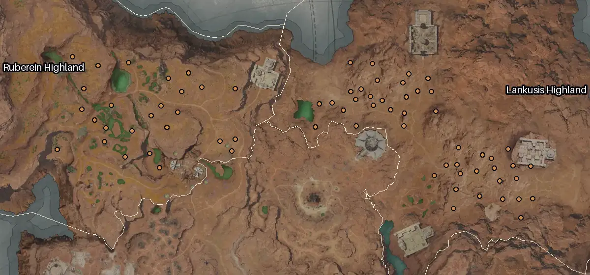 Map of Eltnen with every Yggdrasil node marked: Lankusis Highland, Ruberein Highland.