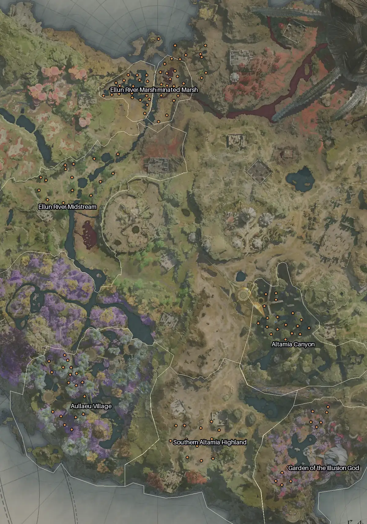 Map of Verteron with every Yggdrasil node marked: Ellun River Marsh, Altamia Canyon, Aullaeu Village, Contaminated Marsh.