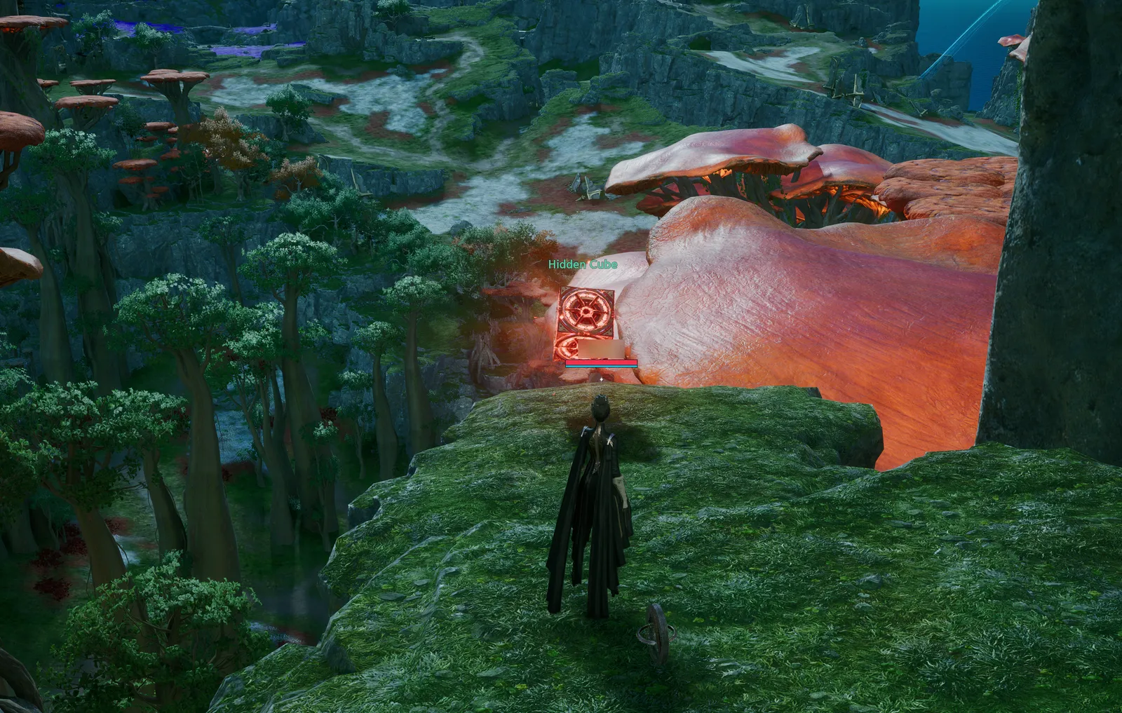 A Hidden Cube in the open world: a red, glowing cube with a circular rune on its face, sitting on a ledge beside giant mushrooms, with "Hidden Cube" written above it.