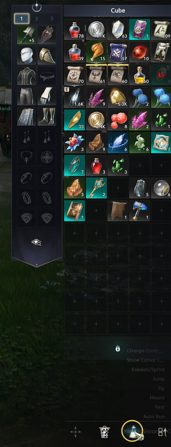 The Cube inventory beside the equipped gear panel, with a gold ring around a flask icon in the bar at the bottom, next to the bin.