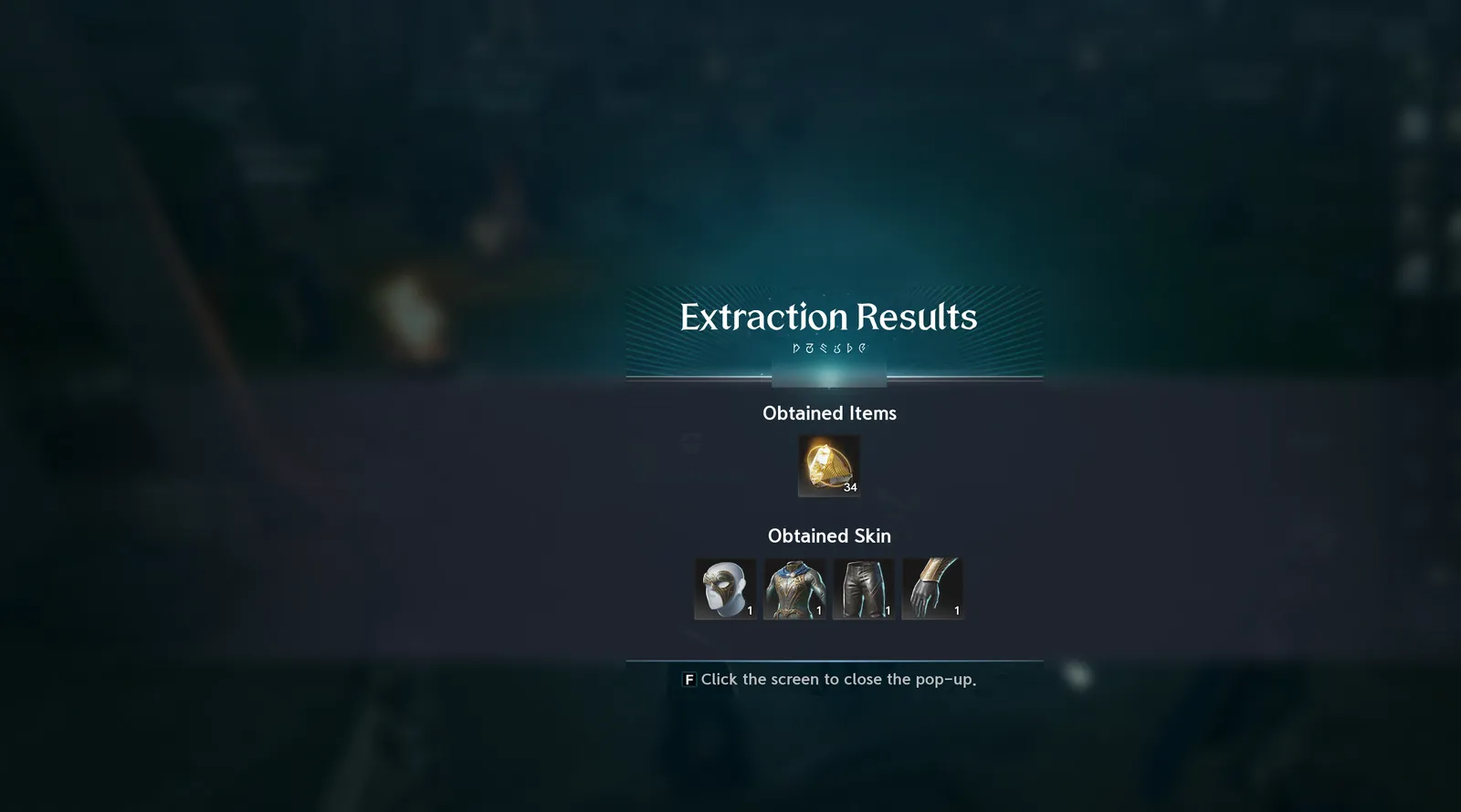 The Extraction Results pop-up listing one stack of 34 gold material under Obtained Items and four armour pieces under Obtained Skin.