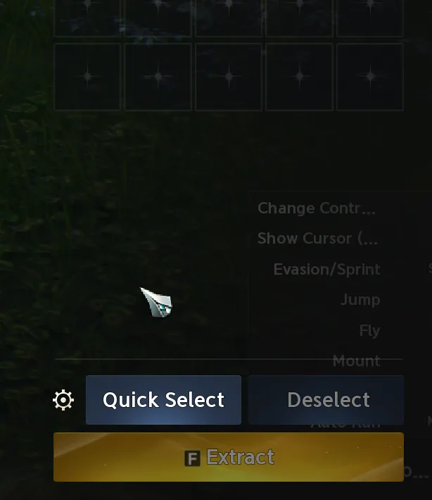 The bottom of the extraction grid with Quick Select and Deselect buttons above a gold Extract button marked F.