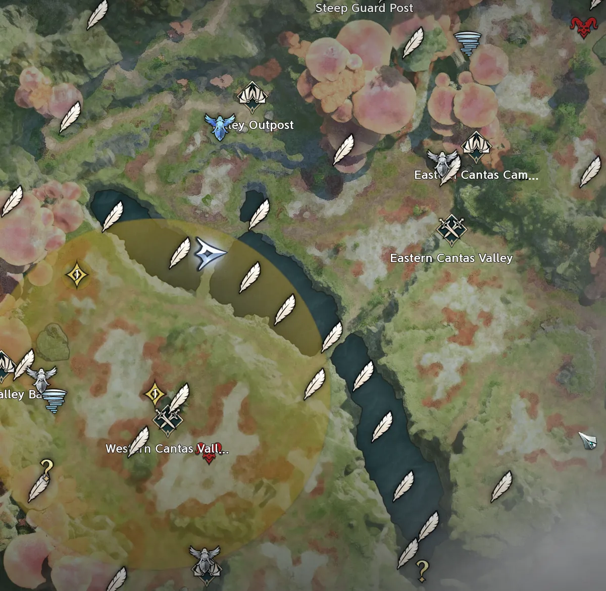 The world map of Cantas Valley covered in white feather markers for Empyrean Traces, with outposts and a slipstream icon.