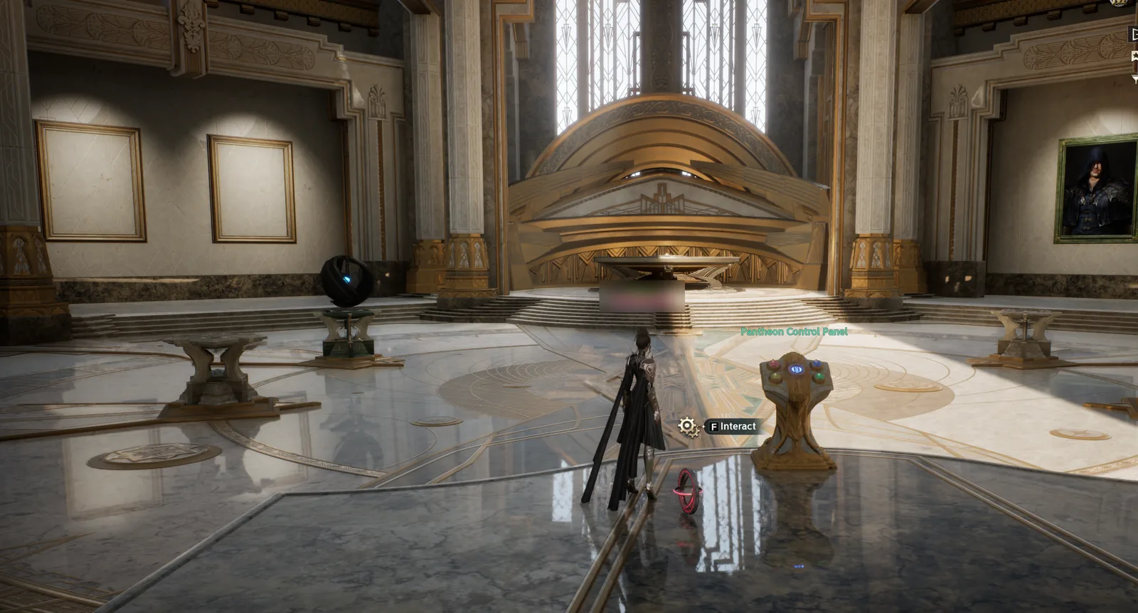 A Daeva standing in a marble and gold hall with empty picture frames on the walls, empty pedestals on the floor and a lectern labelled Pantheon Control Panel with an F Interact prompt.