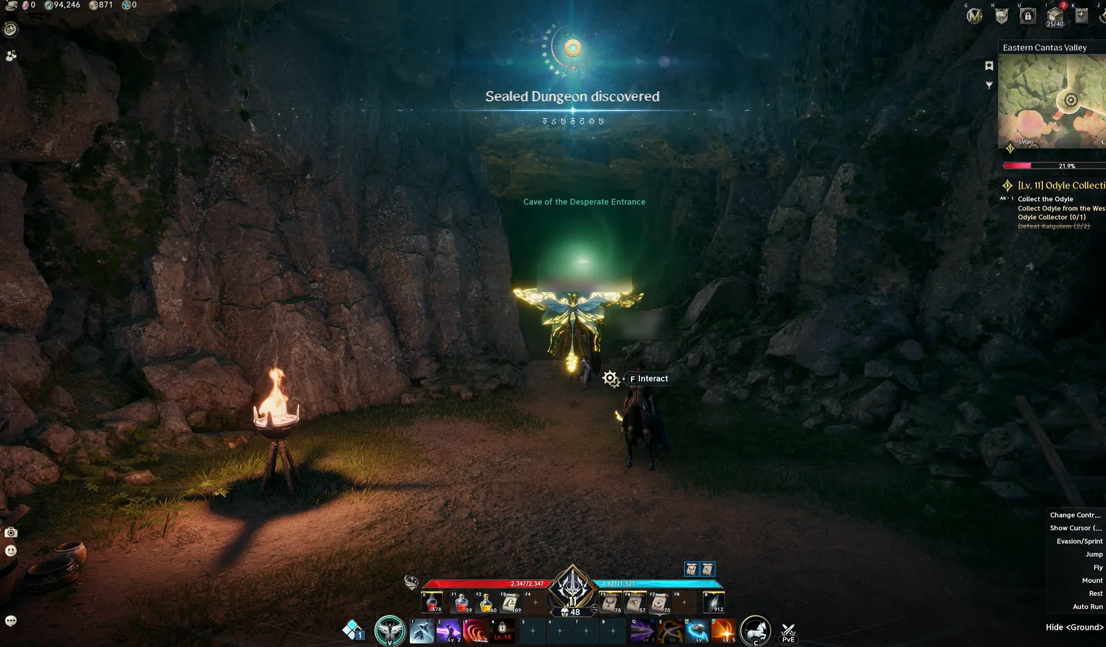 A cave mouth glowing green with the banner Sealed Dungeon discovered and the label Cave of the Desperate Entrance.