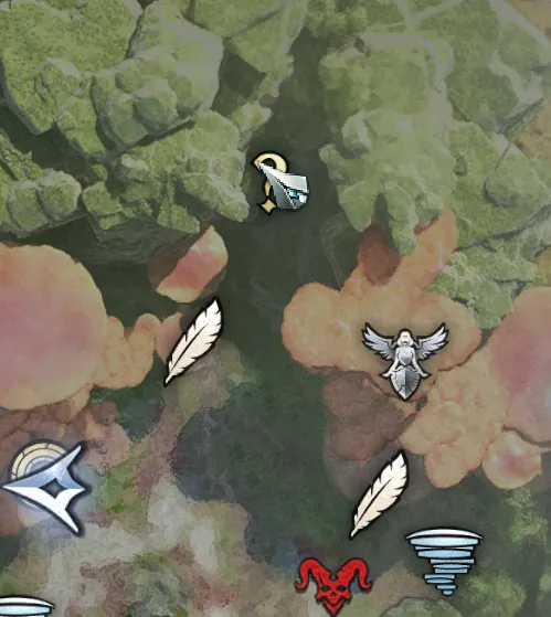 A close-up of the world map showing the sealed dungeon marker, a gold key behind a silver shield, among feather and outpost markers.