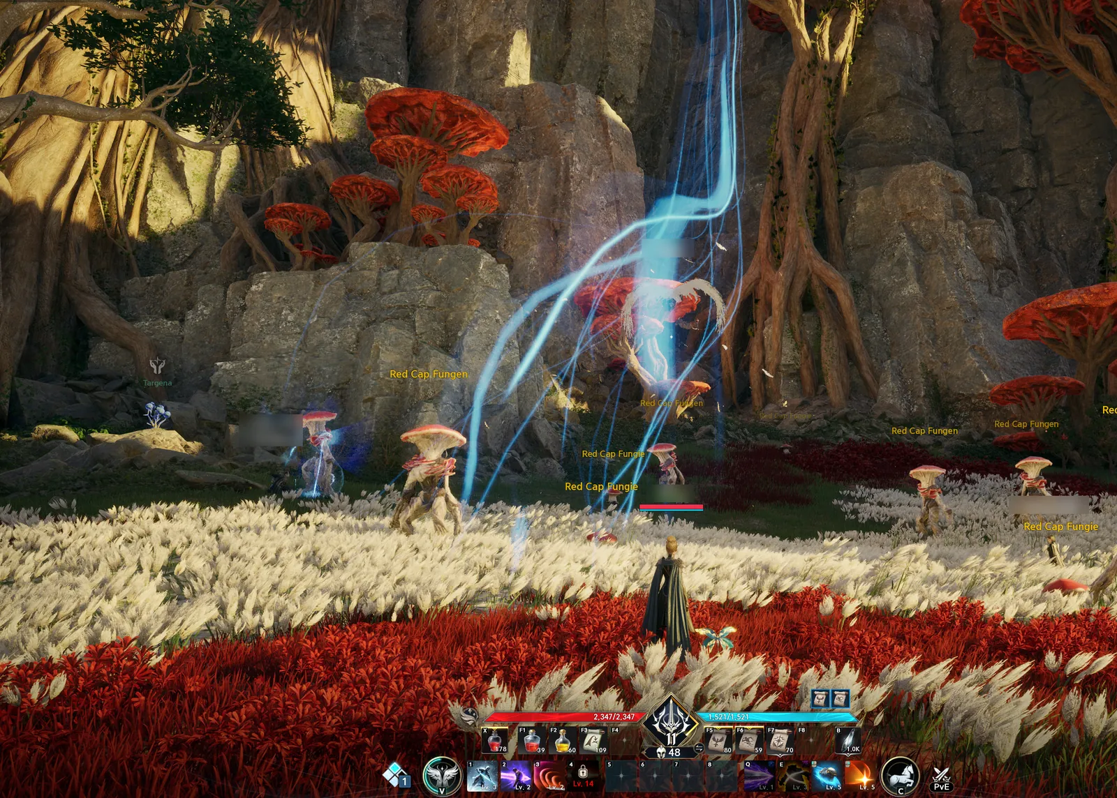 Streaks of blue light arcing up from a meadow of red and white grass among Red Cap Fungen monsters: a slipstream.