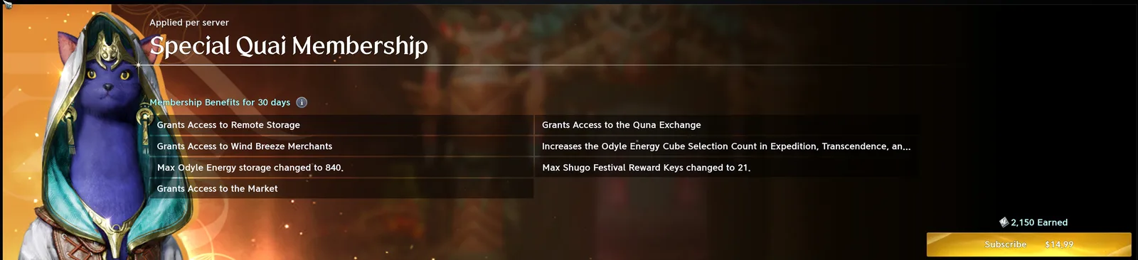 The Special Quai Membership screen: applied per server, 30 days of benefits including access to Remote Storage, the Wind Breeze Merchants, the Market and the Quna Exchange, 840 max Odyle Energy, more Odyle Energy Cube picks, and 21 max Shugo Festival Reward Keys, for $14.99.
