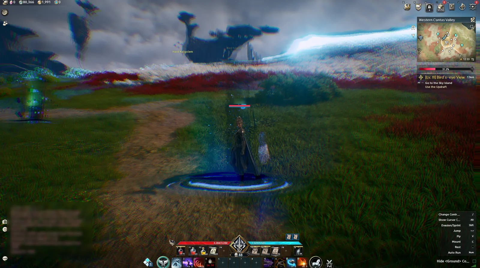 A Daeva standing on a glowing blue ring in a meadow while the whole scene smears and splits into colour, with the quest Bird's-eye View in the tracker.