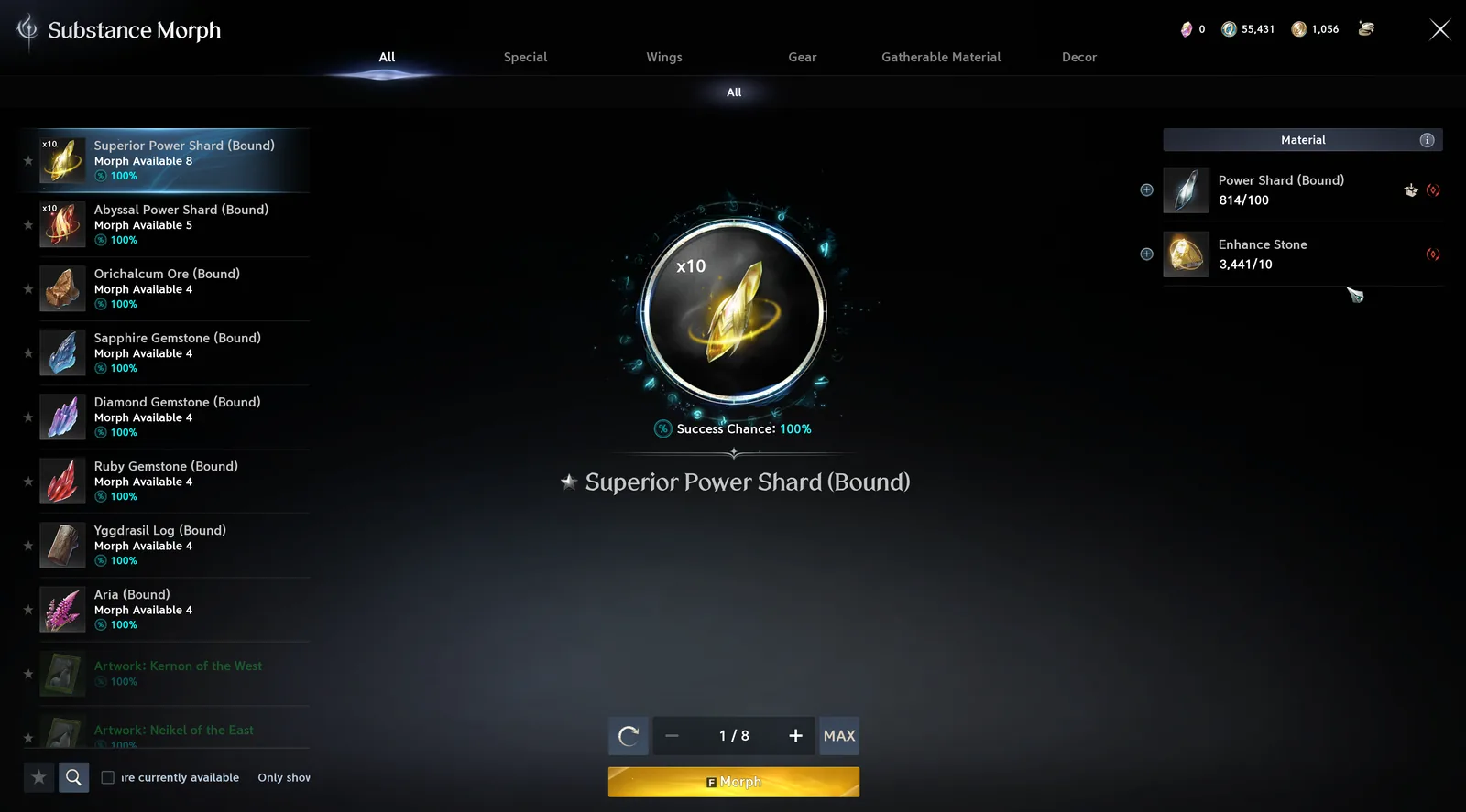 The Substance Morph window turning Power Shards and Enhance Stones into ten Superior Power Shards at 100% success.