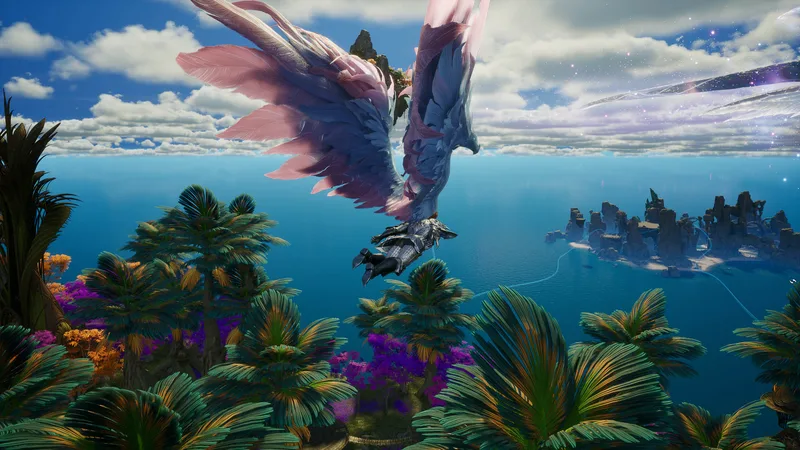A great winged creature in flight above a tropical shore, palm fronds below and a scatter of rock islands on a blue sea.