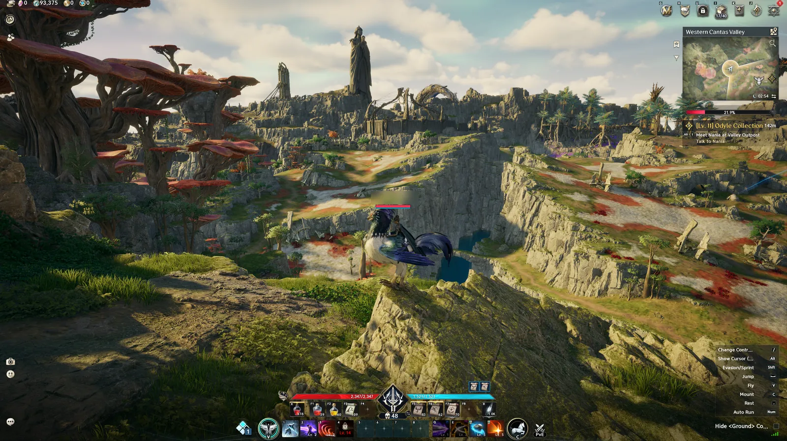 A Daeva on a feathered mount at a cliff edge overlooking the canyons and giant red mushroom trees of Western Cantas Valley.