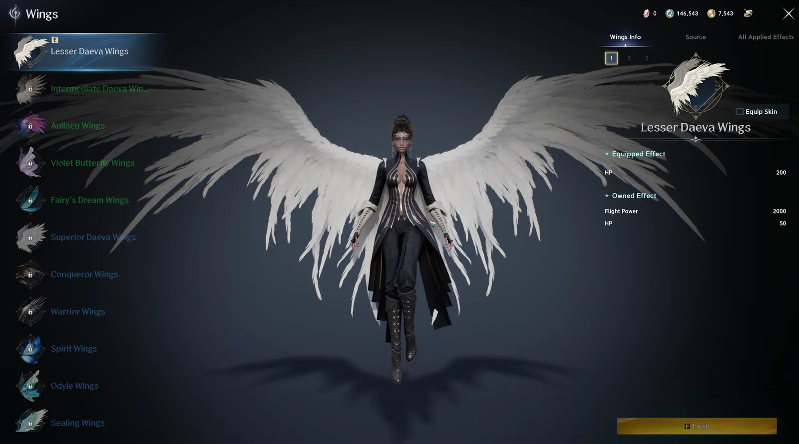 The Wings window: a list of wings on the left with locked pairs greyed out, a Daeva wearing the white Lesser Daeva Wings in the middle, and on the right the Wings Info, Source and All Applied Effects tabs with the Equipped Effect (HP 200) and Owned Effect (Flight Power 2000, HP 50).
