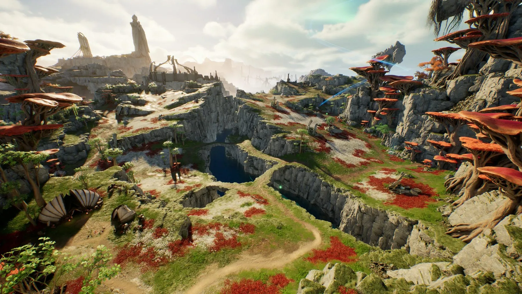 Rolling highlands of grey rock and red-flowered grass, with giant orange mushroom caps growing from the cliffs and a lone spire on the horizon.