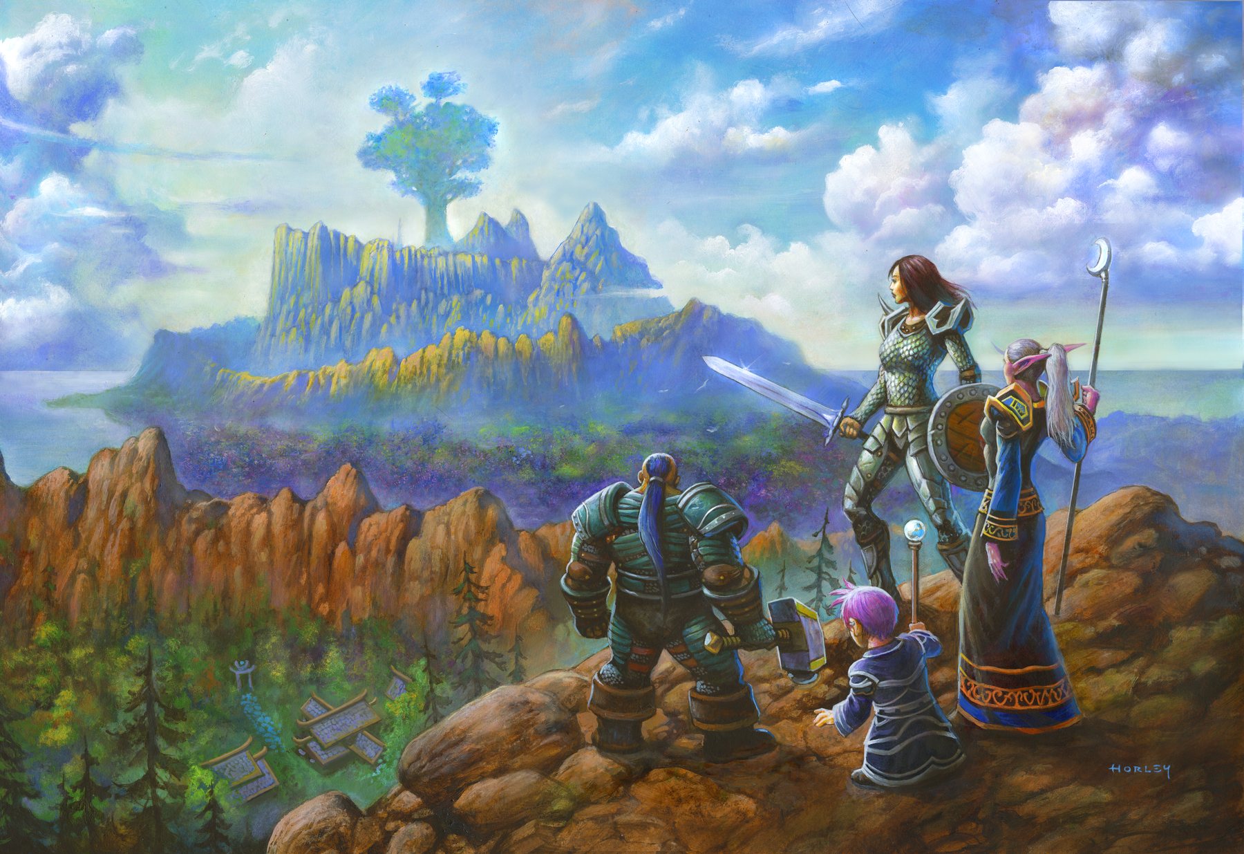 Painted key art: four Alliance adventurers on a clifftop looking across a bay toward a mesa crowned by a vast tree.