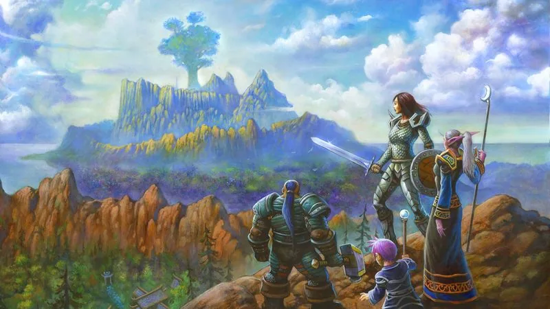 Painted key art: four Alliance adventurers on a clifftop looking across a bay toward a mesa crowned by a vast tree.