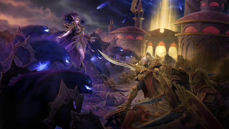 Painted key art: a void-touched elf hovers above a tide of shadow creatures as golden-armoured blood elves hold the line before Silvermoon, a pillar of light rising behind the city.